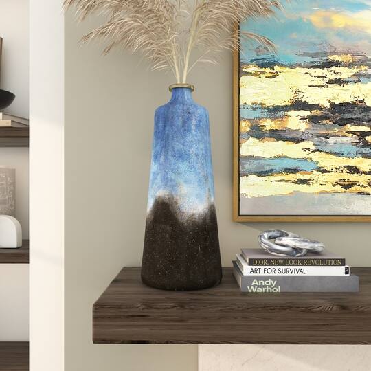 20" Blue Glass Galaxy Inspired Abstract Vase with Gold Top